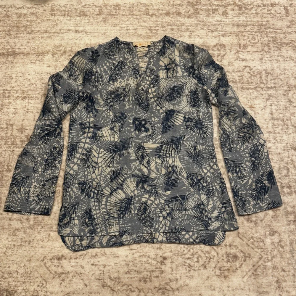 Tory Burch Blue White Abstract Botanical Print Long Sleeve Tunic Top Size 0